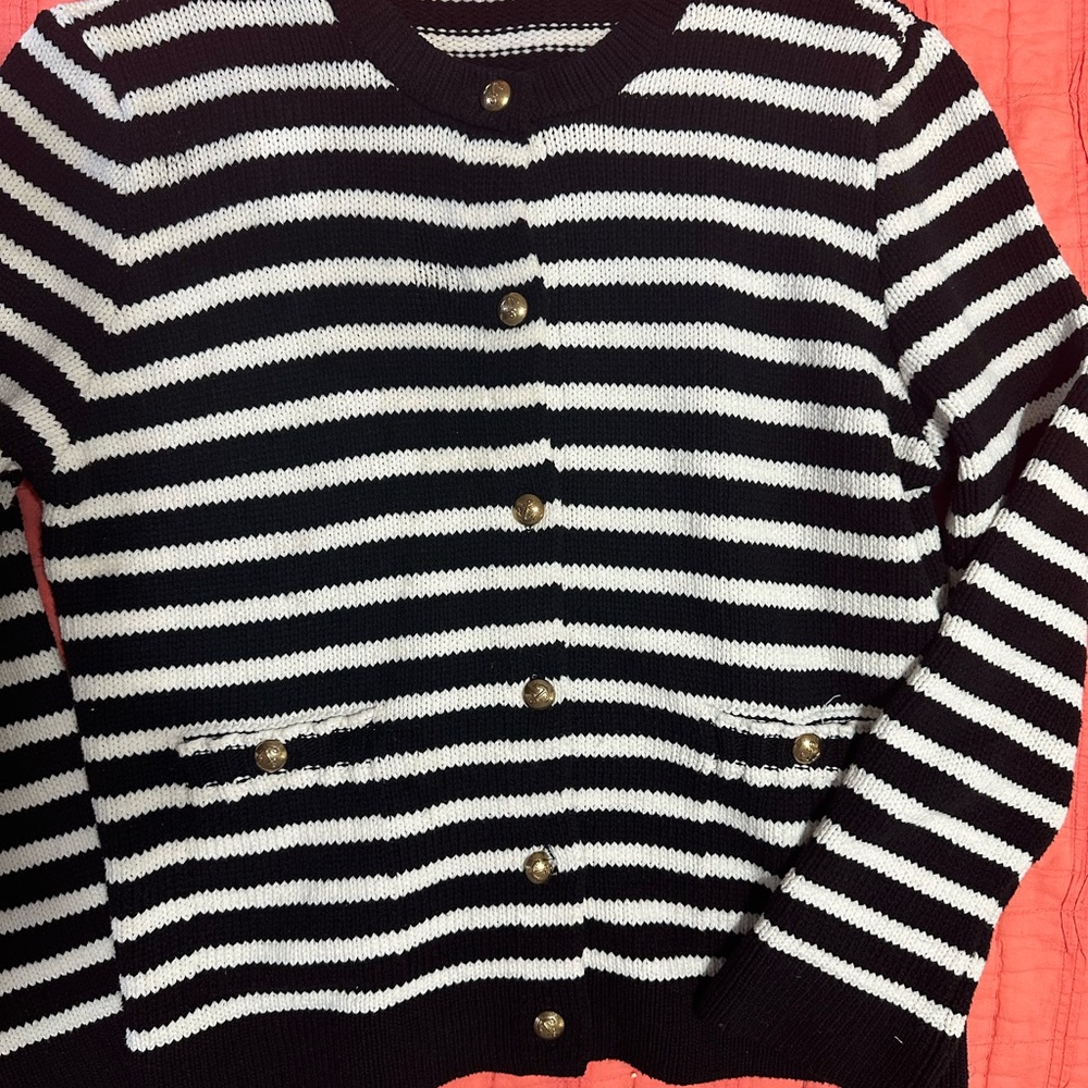 Zara Black and White Striped Cardigan L Large